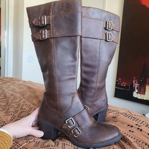 BOC BORN Tall Leather Moto Buckle Zipper Brown Boots Women 9